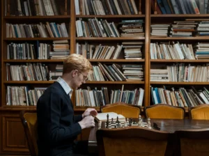 man-in-library-planning-next-move-chess-strategy