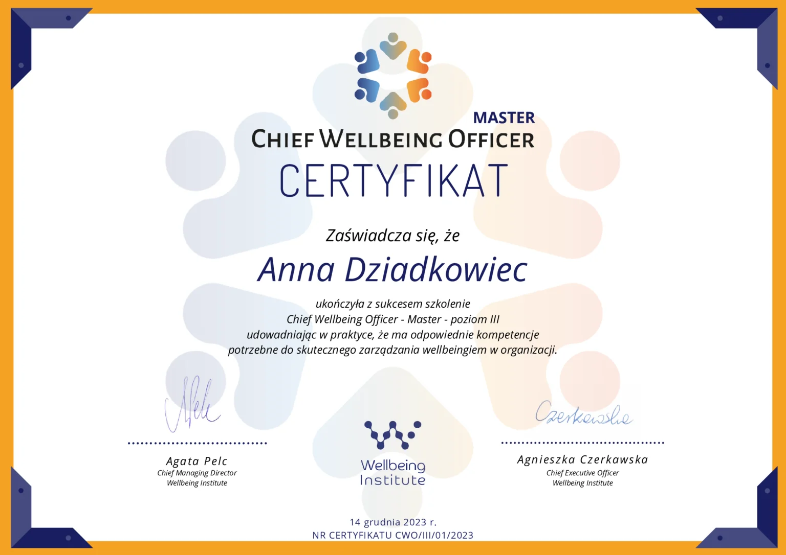 certyfikat-ukończenia-szkolenia-Chief-Wellbeing-Officer-Anna-Dziadkowiec